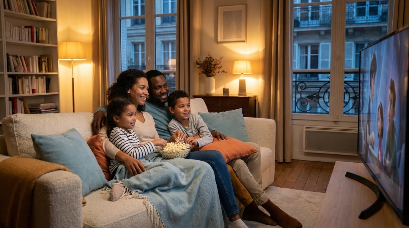 Famille regardant un film ensemble